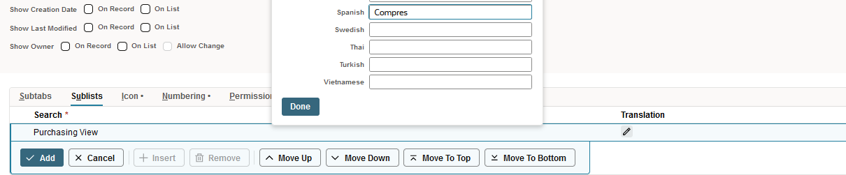 Sample custom record Sublists subtab showing translation definition.