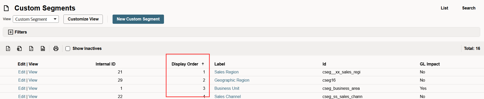 Custom Segments page highlighting numbered display order.