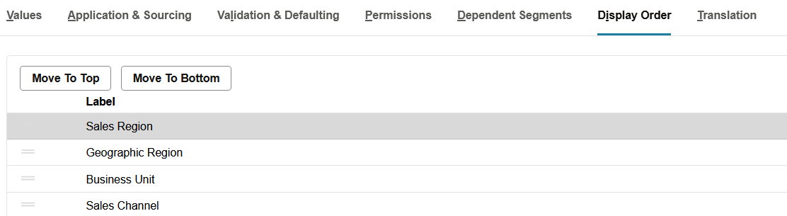 Display Order subtab listing active custom segments in display order.