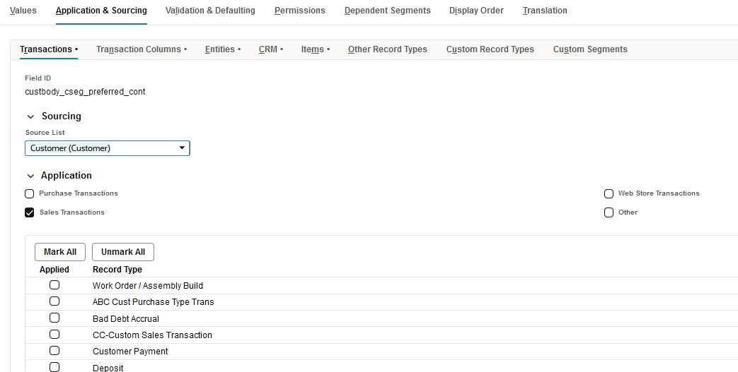 Application & Sourcing subtab showing example of dynamic default setup.