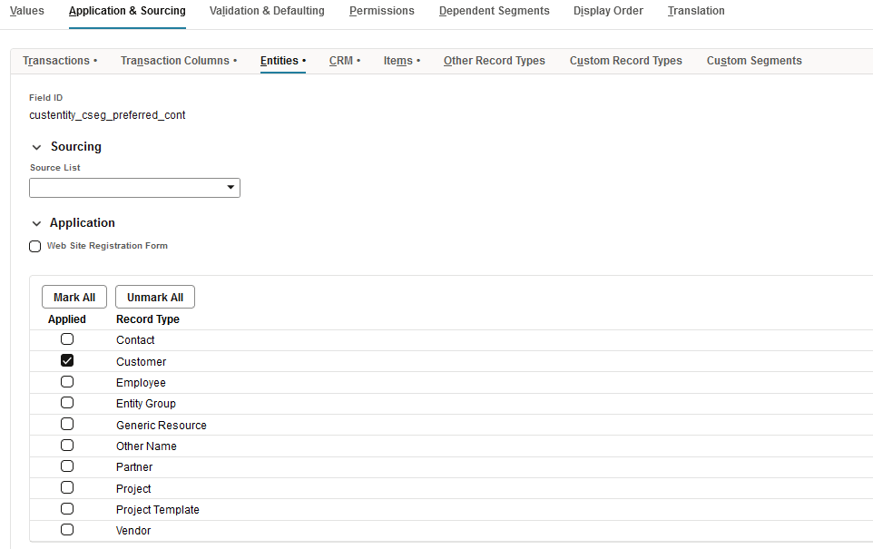 Application & Sourcing Entities subtab showing Customer box checked.