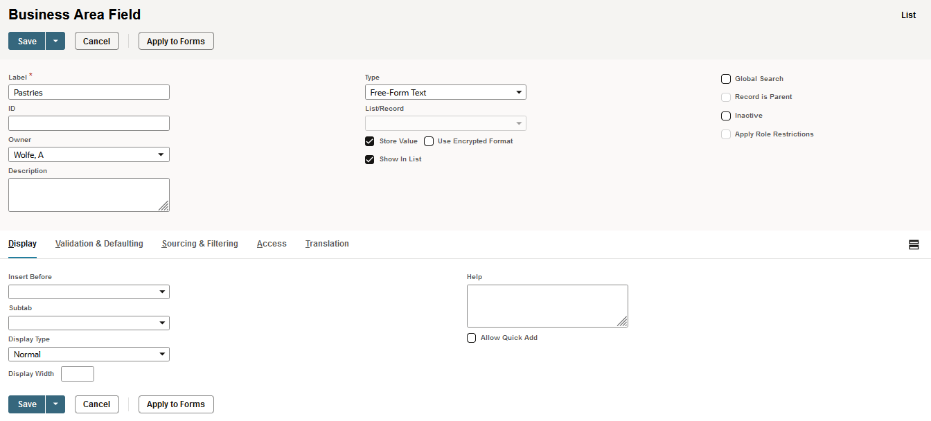 Sample custom record Display subtab.