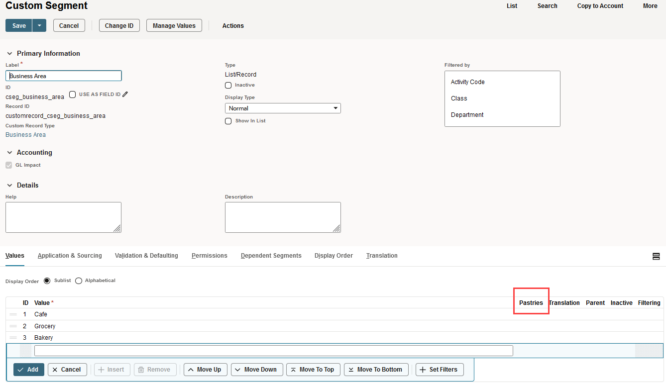 Sample Custom Segment defiintion page showing a new column on the Values subtab.