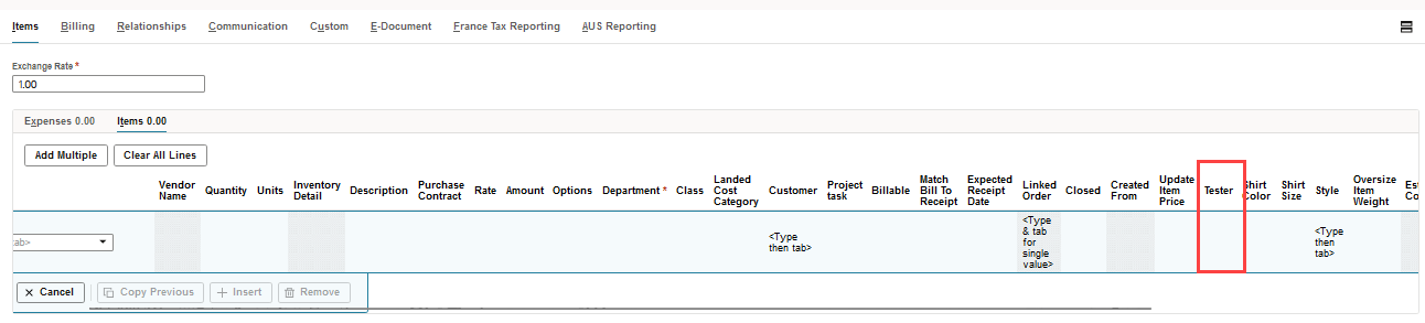 Sample form with custom transaction line field highlighted.