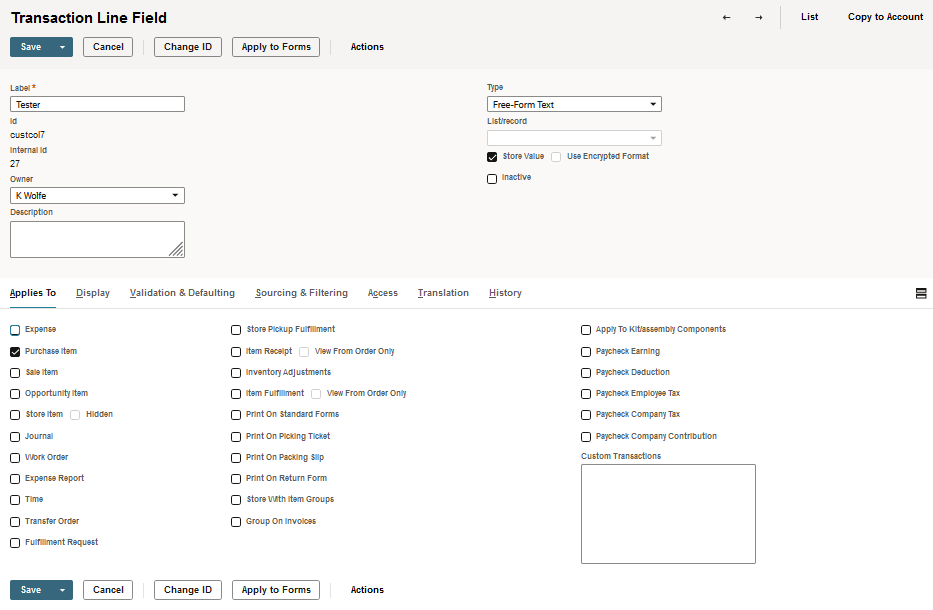 Transaction Column Field page.