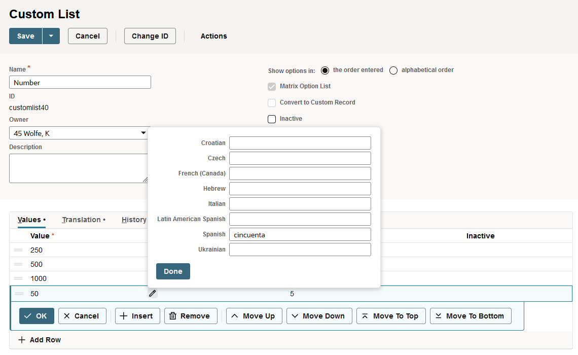 Custom List page with translation values shown on the Values subtab.