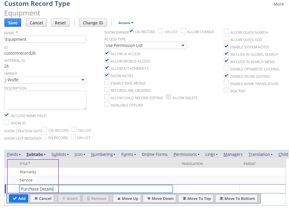 Sample Custom Record Type highlighting list of subtabs.