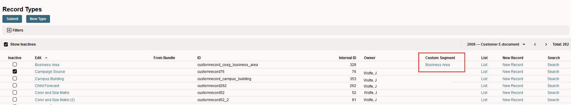 Sample Record Types list page.
