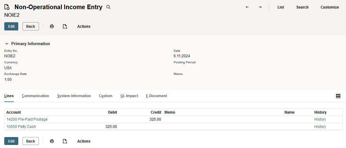 Sample custom transaction using the Journal style.