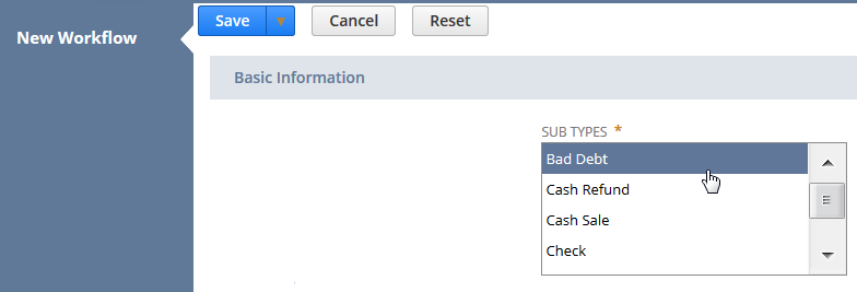 Sample custom transaction workflow showing subtypes.