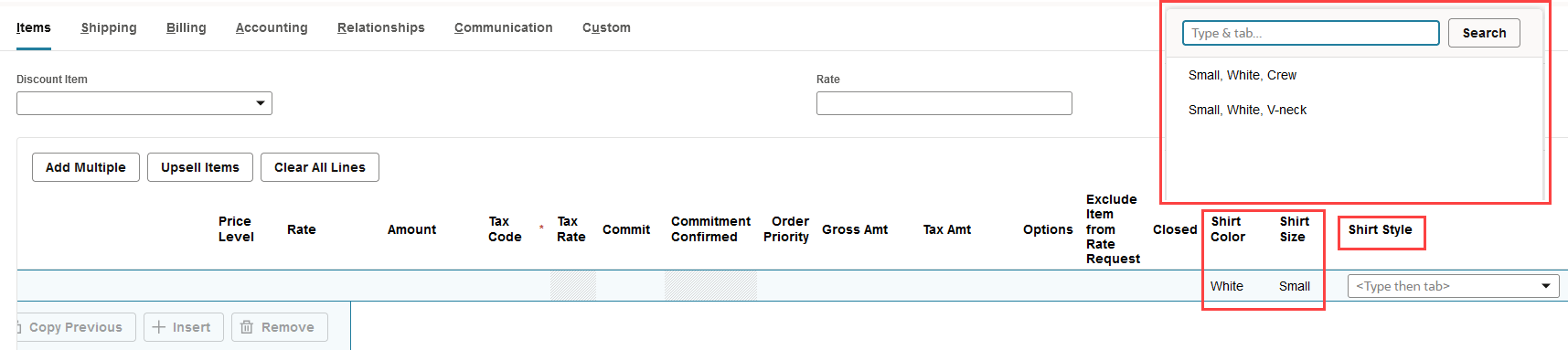 Sample Shirt Style dropdown selection for Shirt Style custom transaction line field.