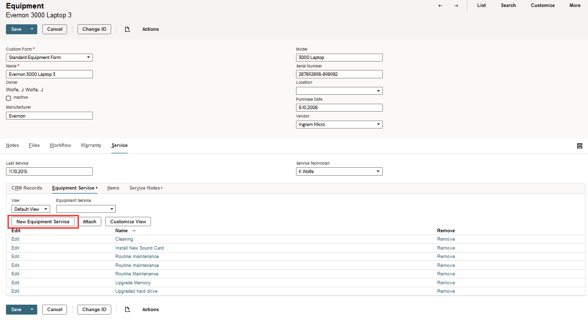 Sample Equipment record Service subtab highlighting the New Equipment Service button.