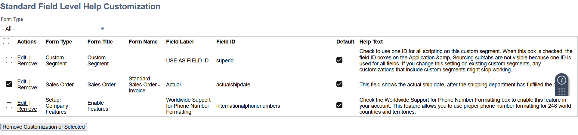 Standard Field Level Help Customization list.