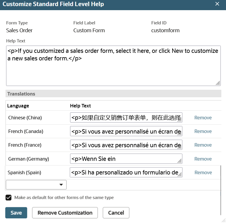 Sample Customize Standard Field Level Help window.