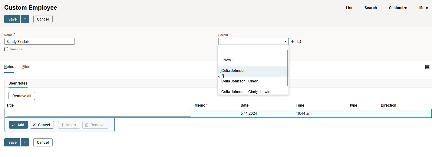 Sample Custom Employee record displaying Parent list.