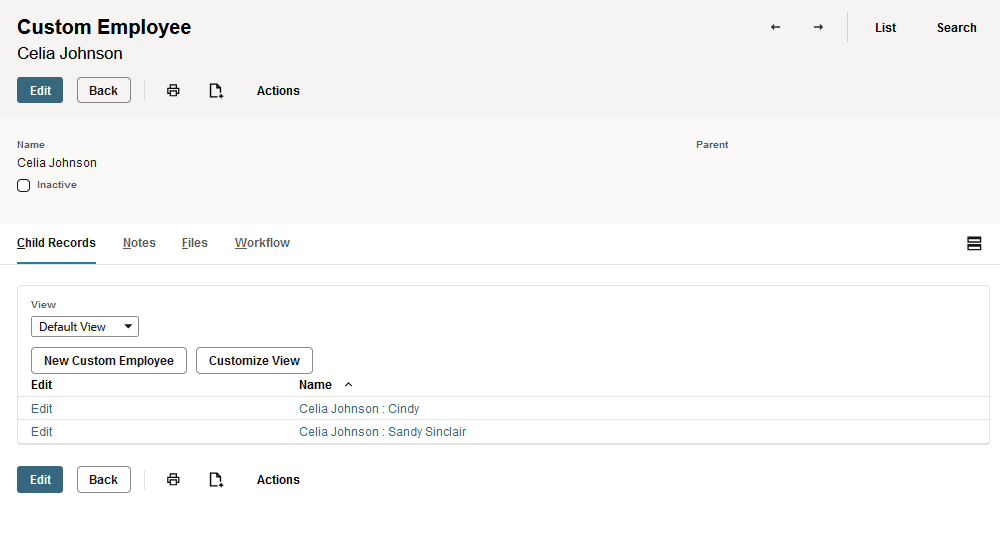 Sample Custom Employee record with New Custom Employee button highlighted.
