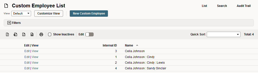 Custom Employee List showing parent record : child record format.