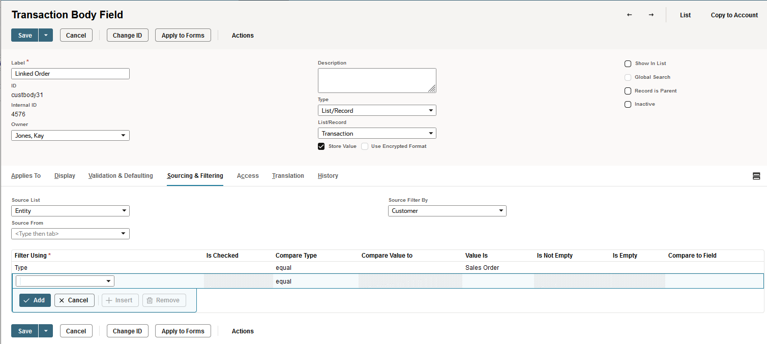 Transaction Body Field record showing sourcing settings.