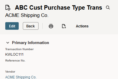 Sample purchase type transaction showing a transaction number that uses a location prefix.