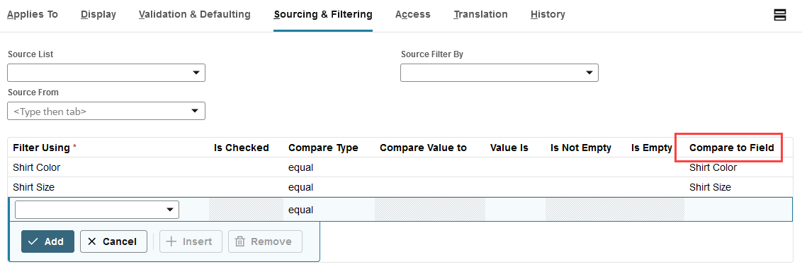 Sourcing & Filtering subtab with Compare to Field highlighed.