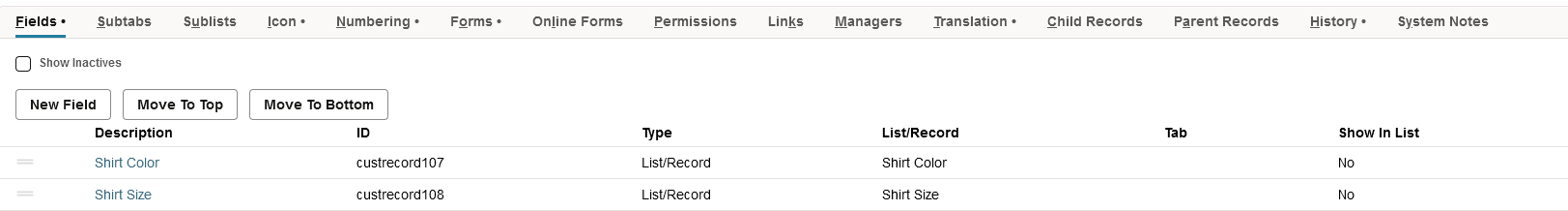 Fields subtab showing fields for shirt color and size to be used in dropdown selection.