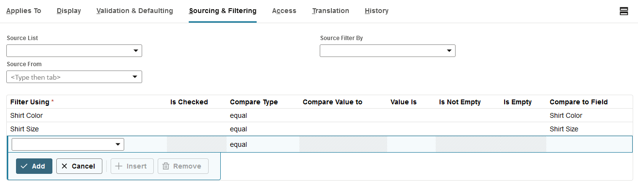 Sourcing & Filtering subtab for shirt color and shirt size.