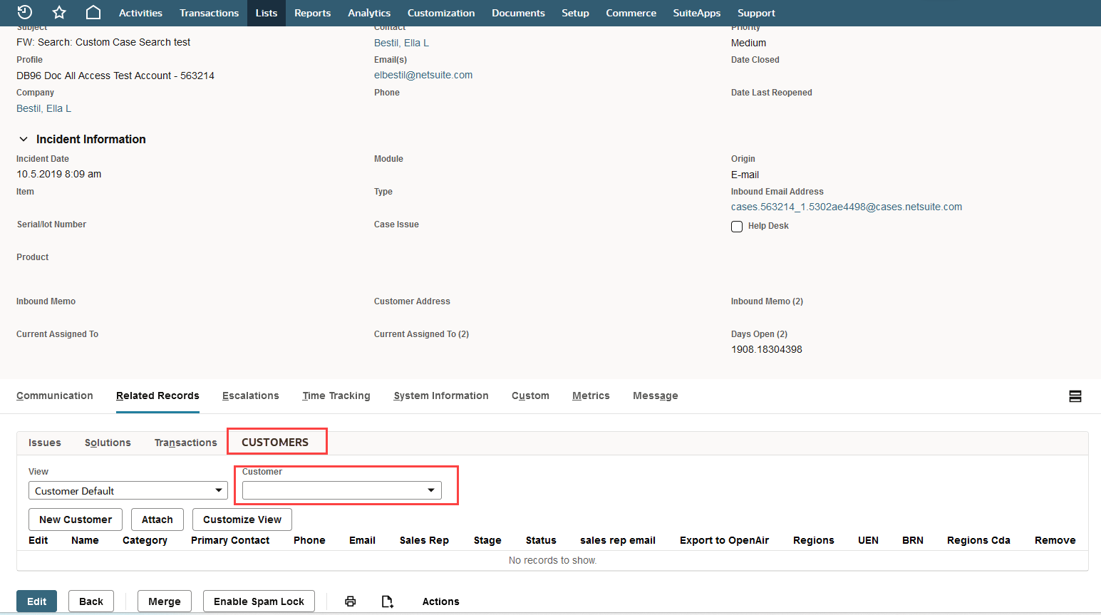 Case record showing the Customer field