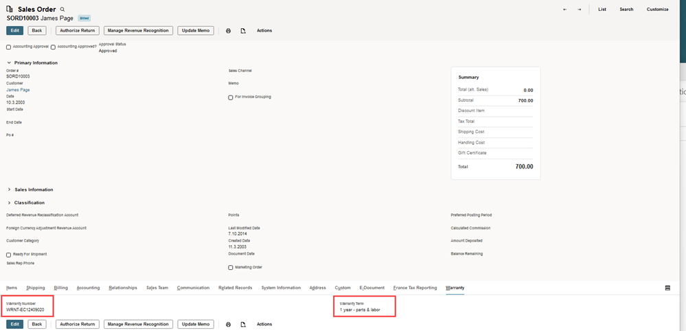 Sample sales order form Warranty subtab.