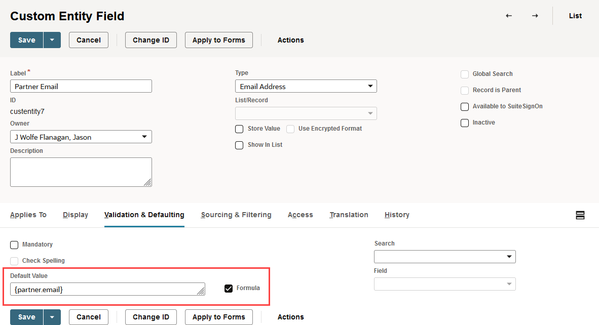 Custom Entity Field page with Default Value and Formula highlighted on the Validation & Defaulting subtab.