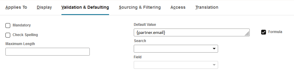 Validation & Defaulting subtab with email formulat format entered.