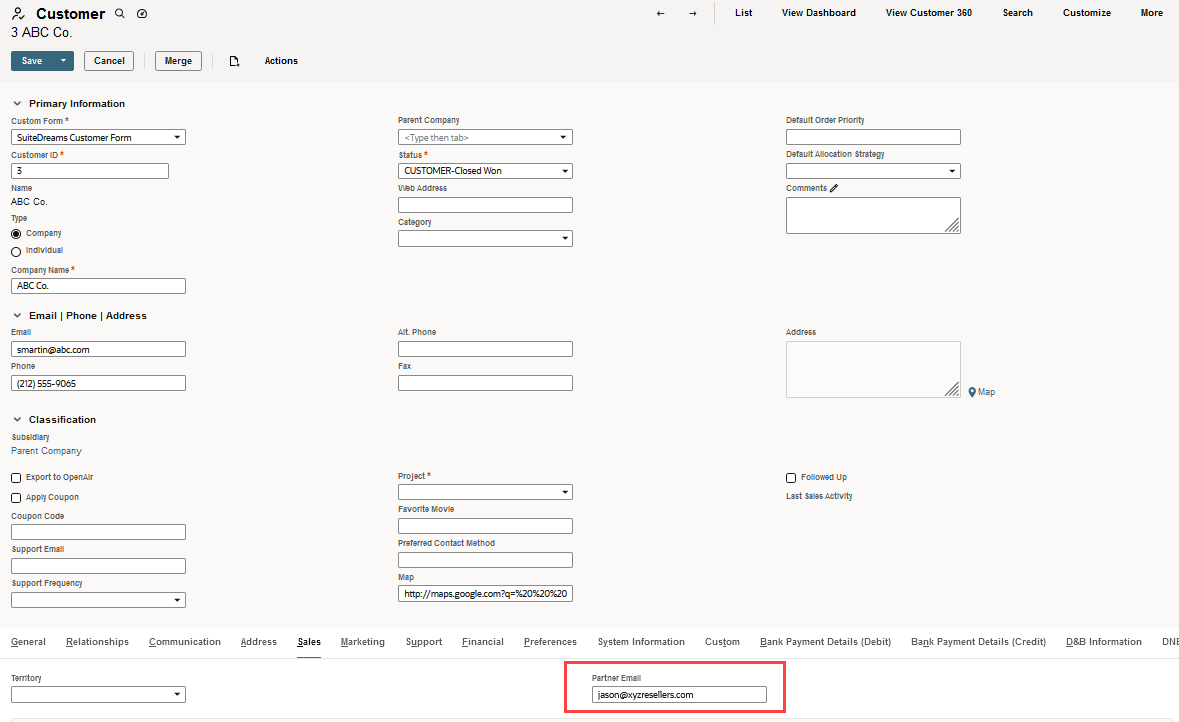 Sample Customer page with partner email highlighted on the Sales subtab.