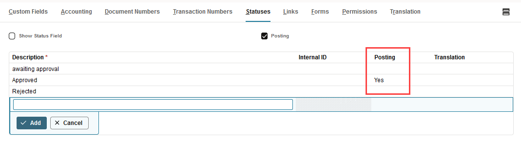 Statuses subtab highlighting Posting value.