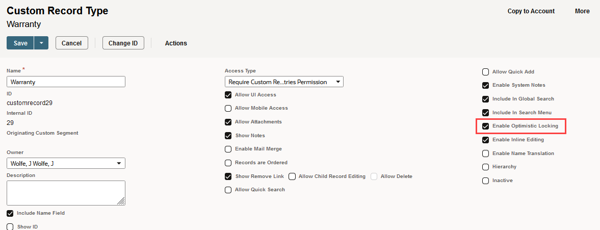 Sample Custom Record Type record with Enable Optimistic Locking box highlighted.