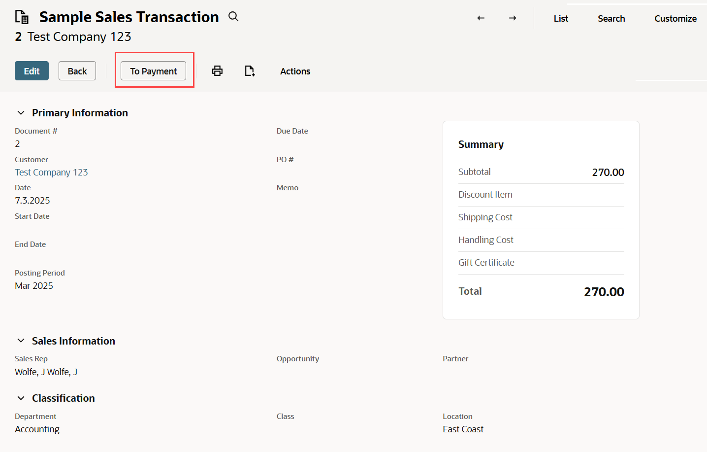 Sample sales transaction workflow button.