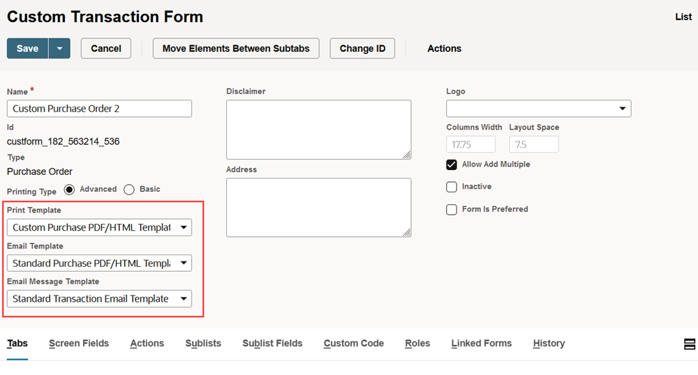 Sample Custom Transaction Form template settings.