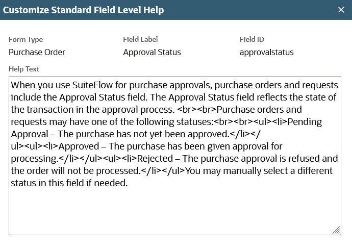 Sample field level help using some of the possible HTML markup options.