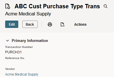 Sample purchase transaction type showing a transaction number that uses a transaction prefix.