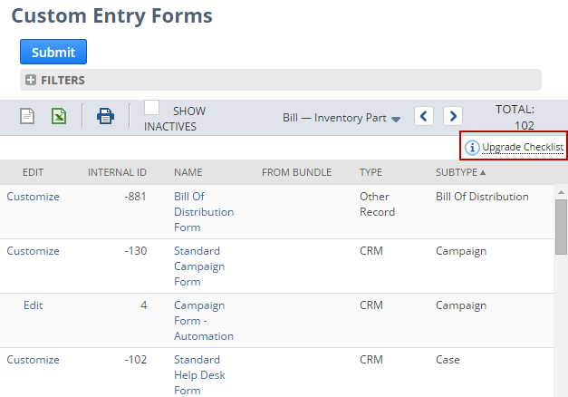 Custom Entry Forms page highlighting the Upgrade Checklist link.