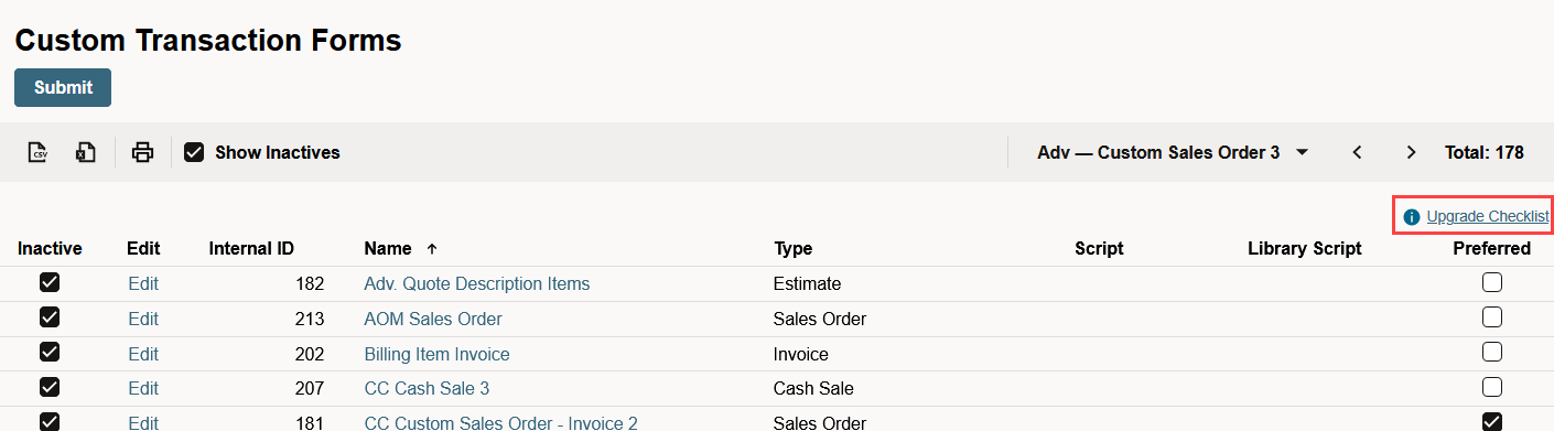 Custom Transaction Forms page highlighting the Upgrade Checklist link.