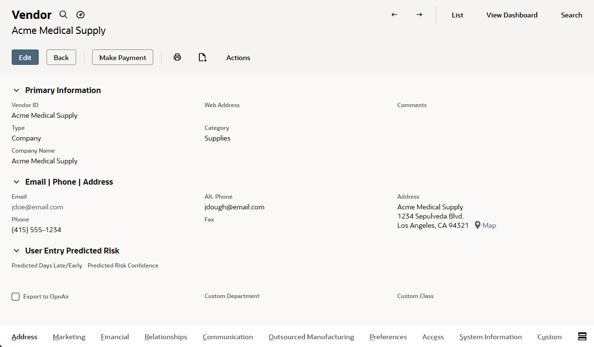 Sample Vendor form organized into field groups.