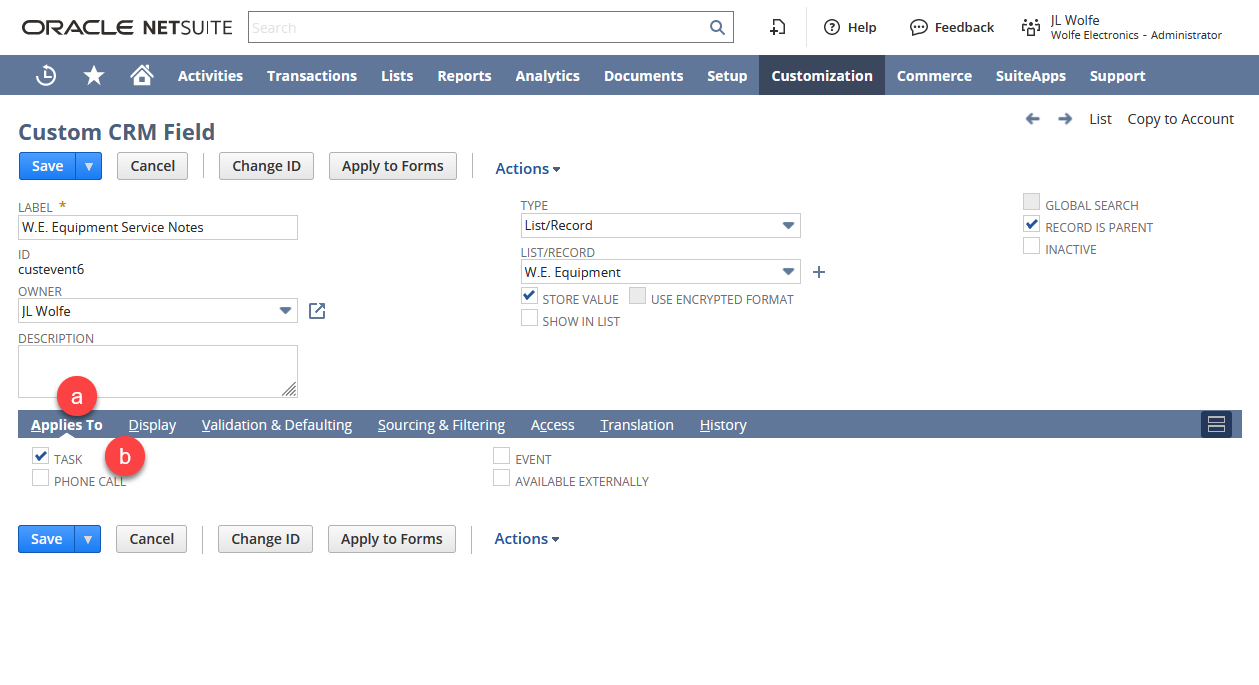 Image of custom field identifying the fields to complete to define the child record