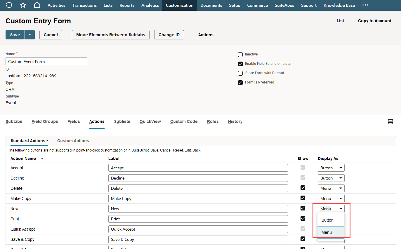 Custom Entry Form page showing the Display As list on the Actions subtab.