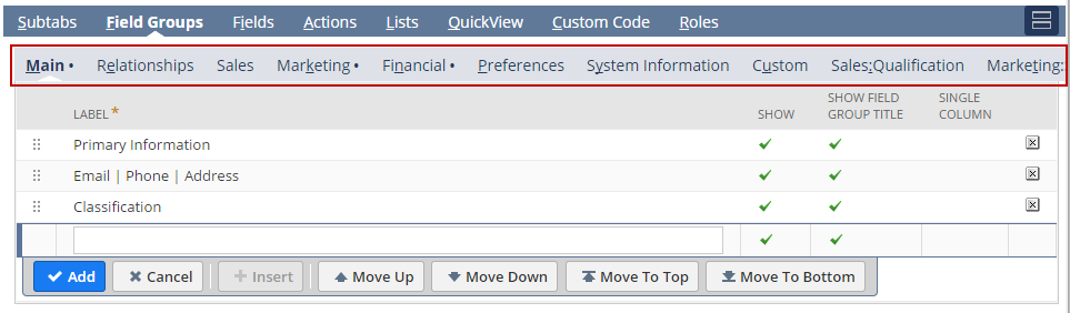 Field Groups subtab menu.