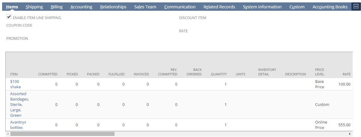 Sample form Items sublist with form layout enhancements applied.