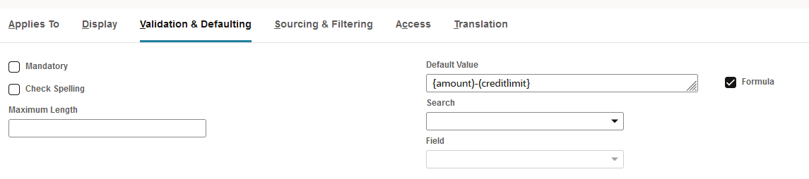 Validation & Defaulting subtab with Formula box checked.