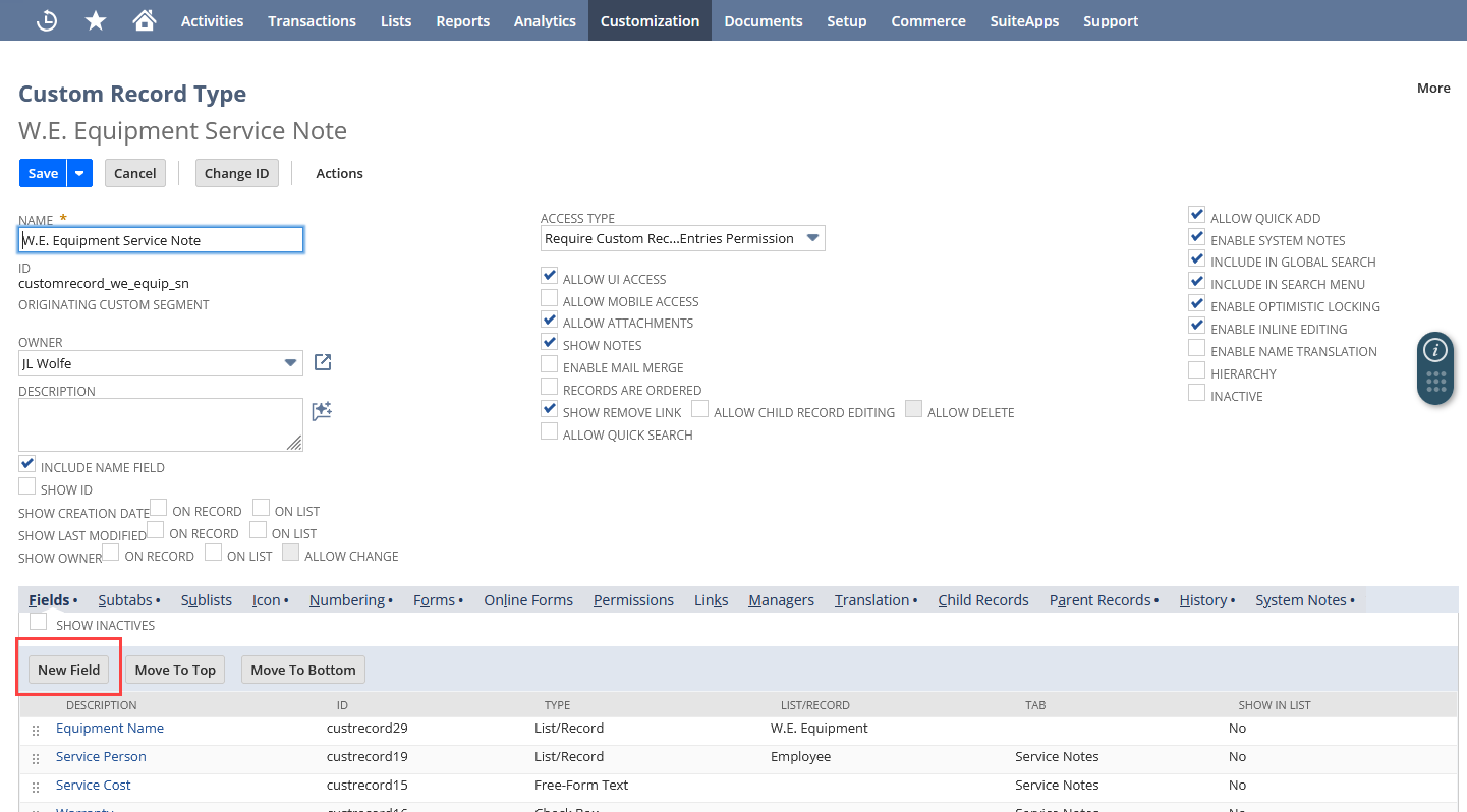 Example child record highlighting the New Field button