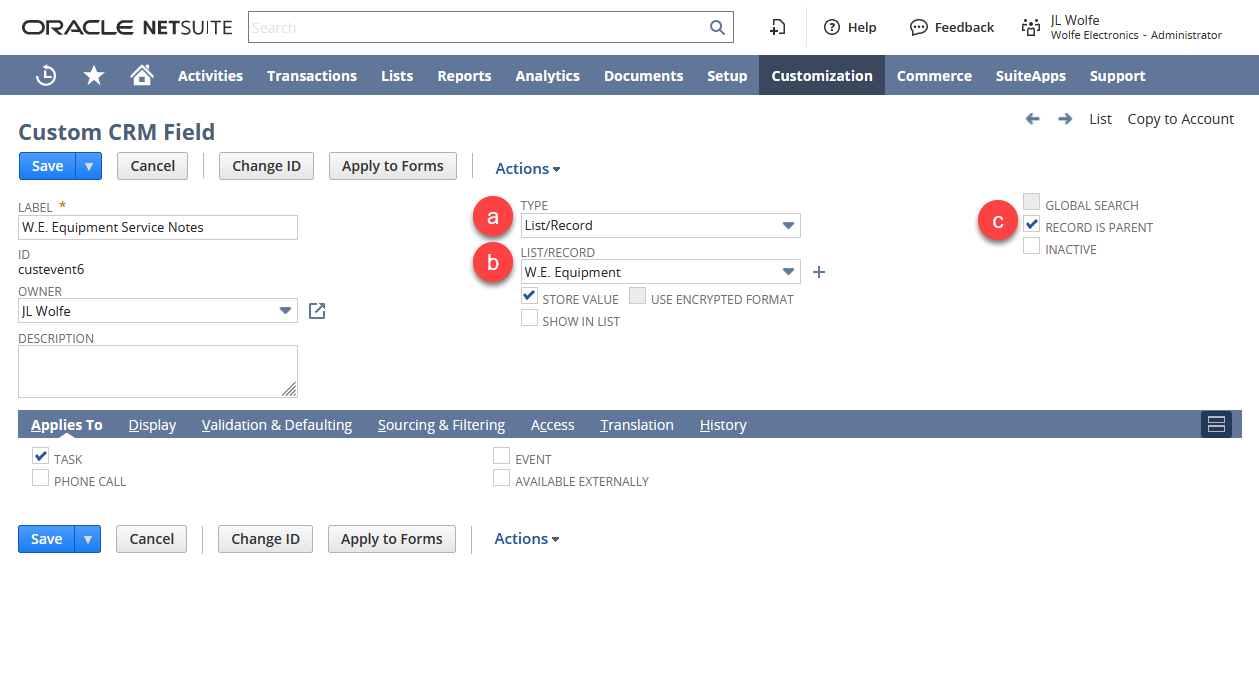 Image of a custom field indentifying the fields to complete to define the parent record