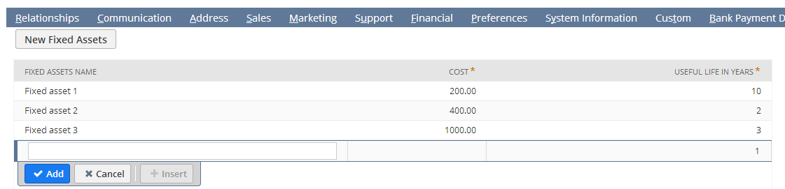 Example of adding a new fixed assets child record to a sublist.