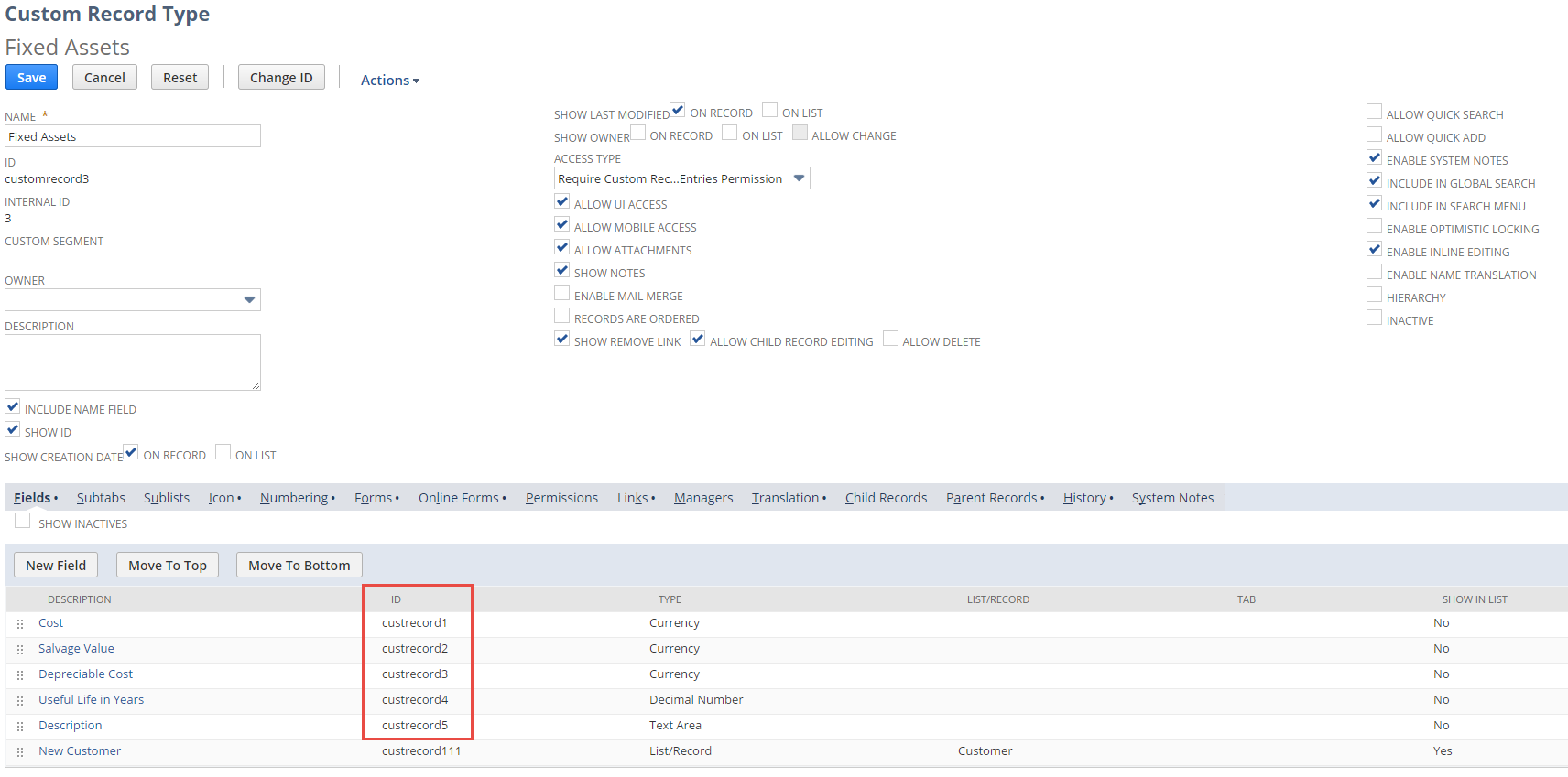 Sample Fixed Assest custom record type with ID fields highlighted on the Fields subtab.