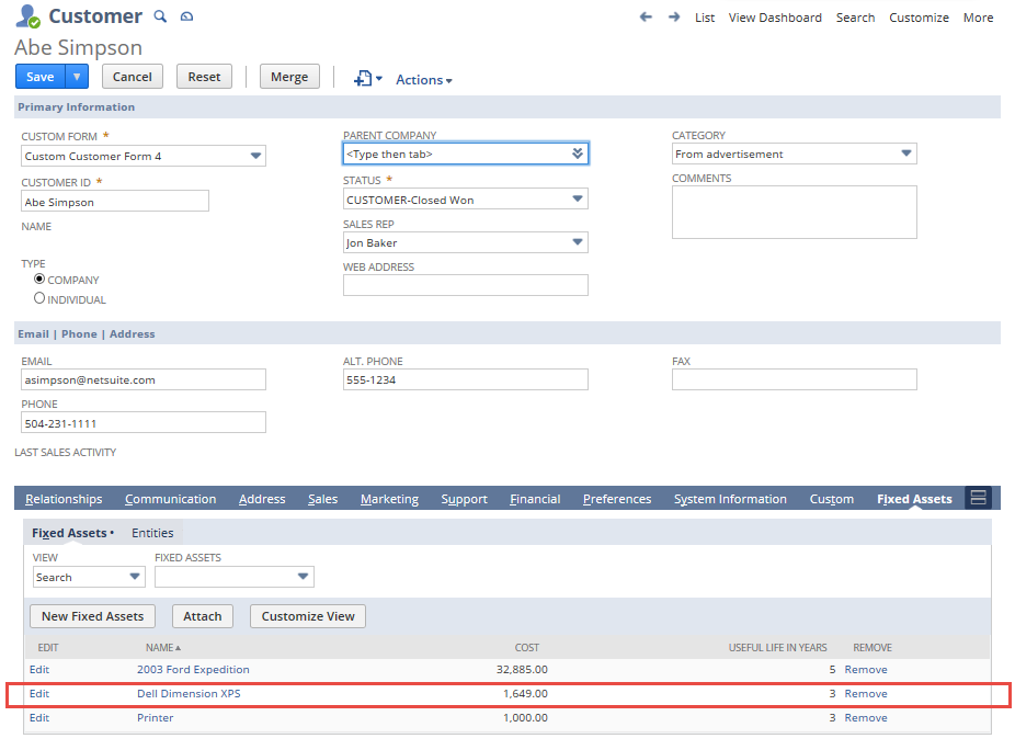 Sample customer record highlighting a row on the Fixed Assets subtab.